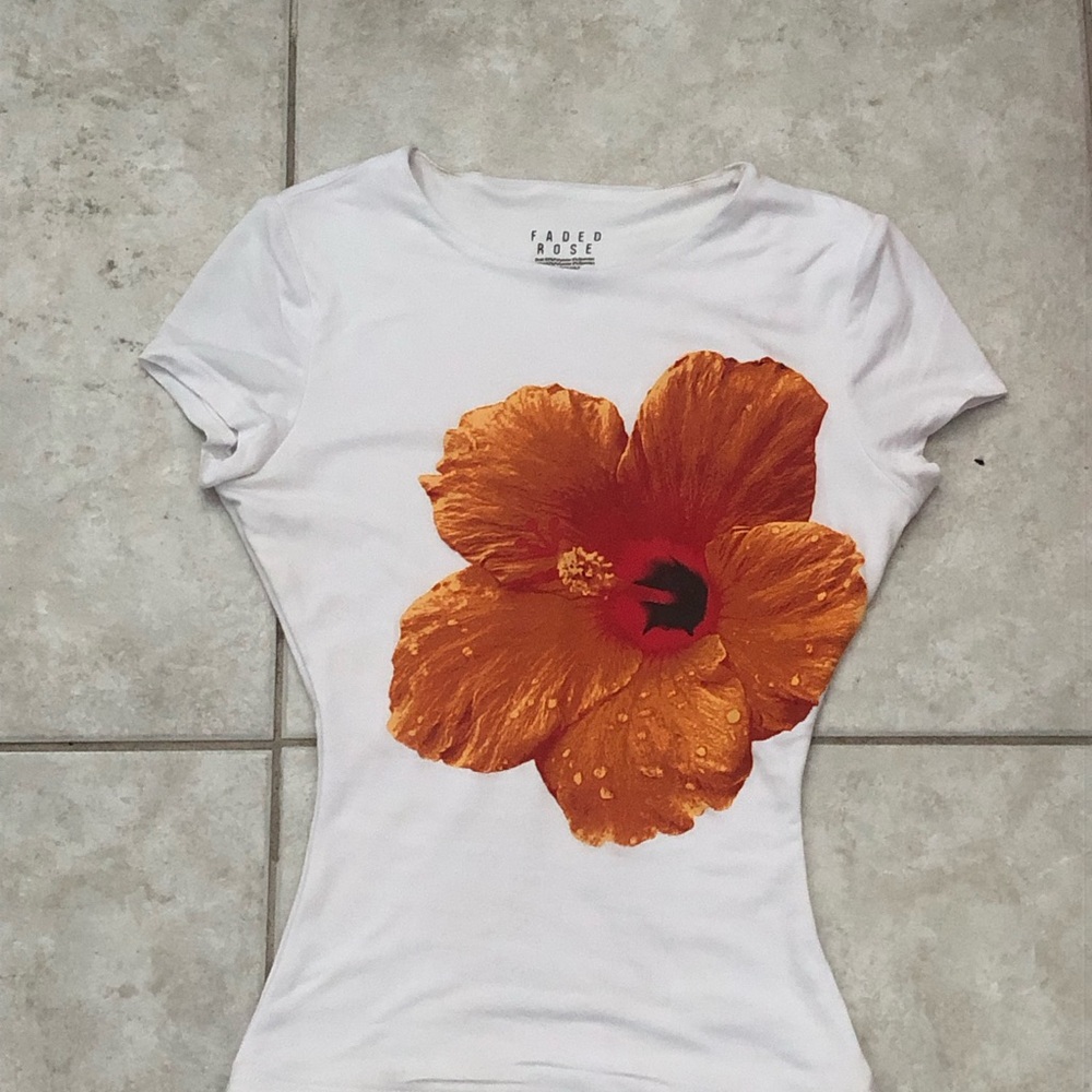 Faded Rose Women's White Tee with Orange Floral Design